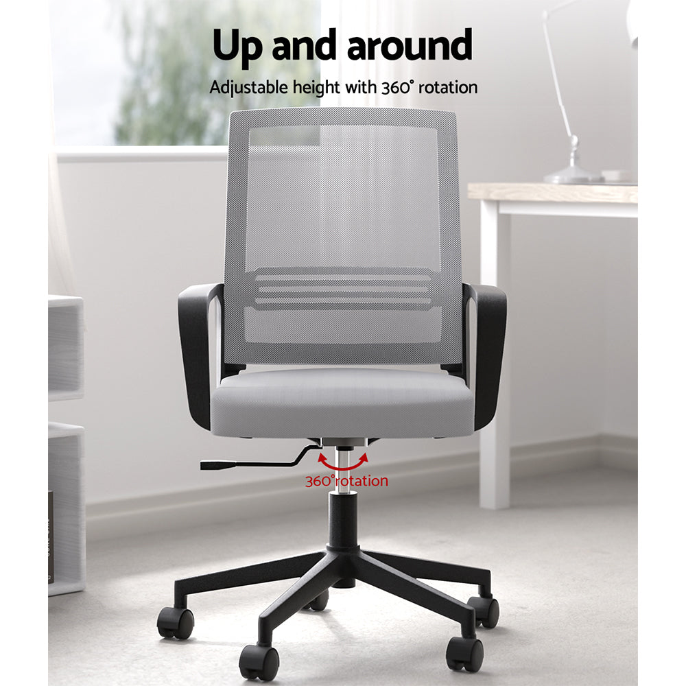 Grey mesh office chair with adjustable height and 360° swivel base for ergonomic desk use