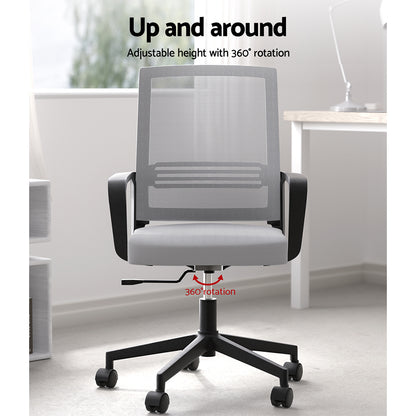 Grey mesh office chair with adjustable height and 360° swivel base for ergonomic desk use