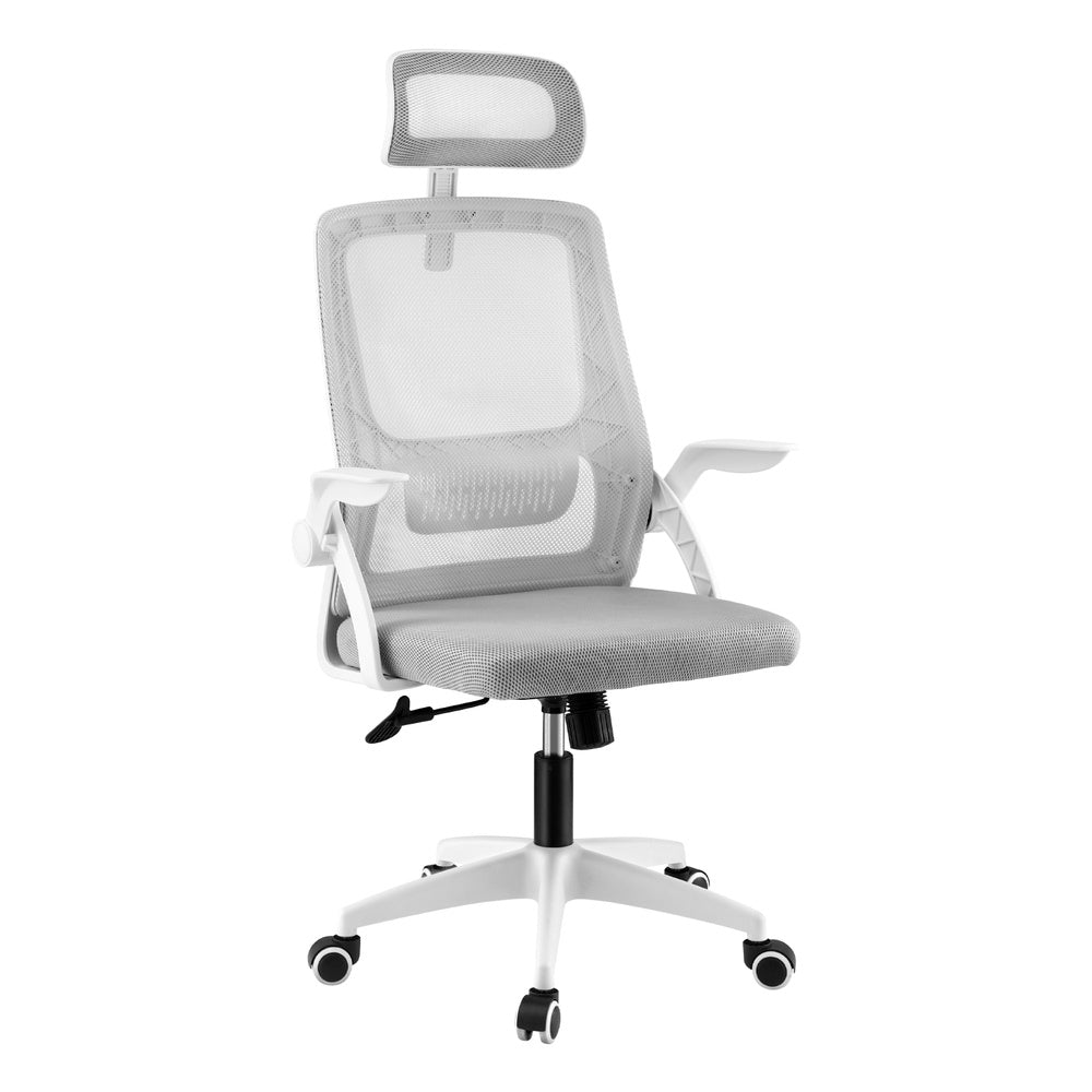 White mesh office chair with headrest, adjustable arms, and rolling casters for ergonomic desk use