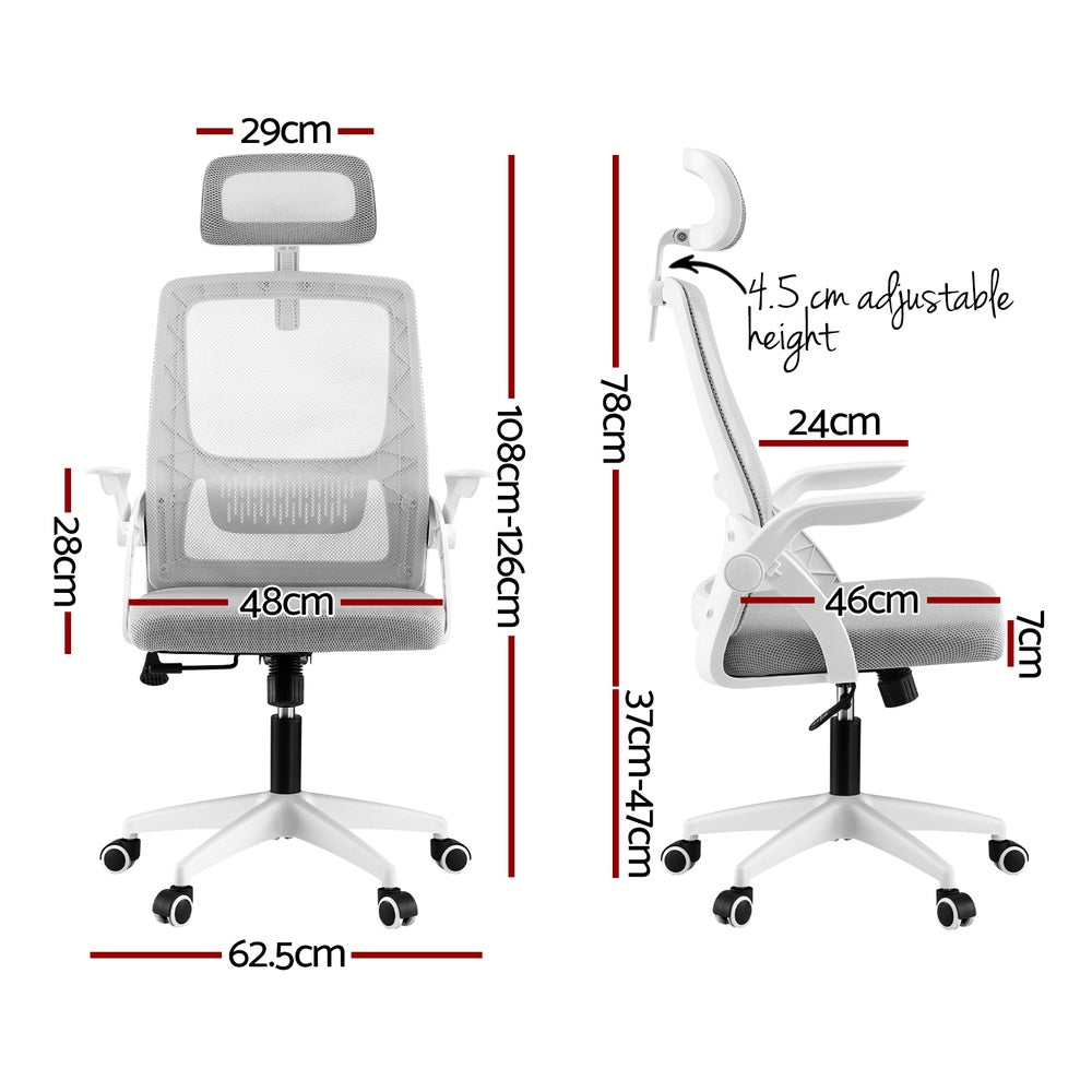 White ergonomic office chair with mesh back, adjustable headrest, and detailed dimensions for home or work use.