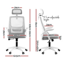 White ergonomic office chair with mesh back, adjustable headrest, and detailed dimensions for home or work use.