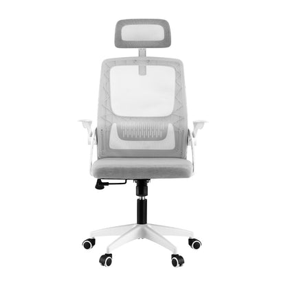 White mesh office chair with headrest, adjustable arms, and rolling casters for ergonomic desk use