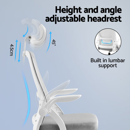 White ergonomic office chair with height and angle adjustable headrest, built-in lumbar support