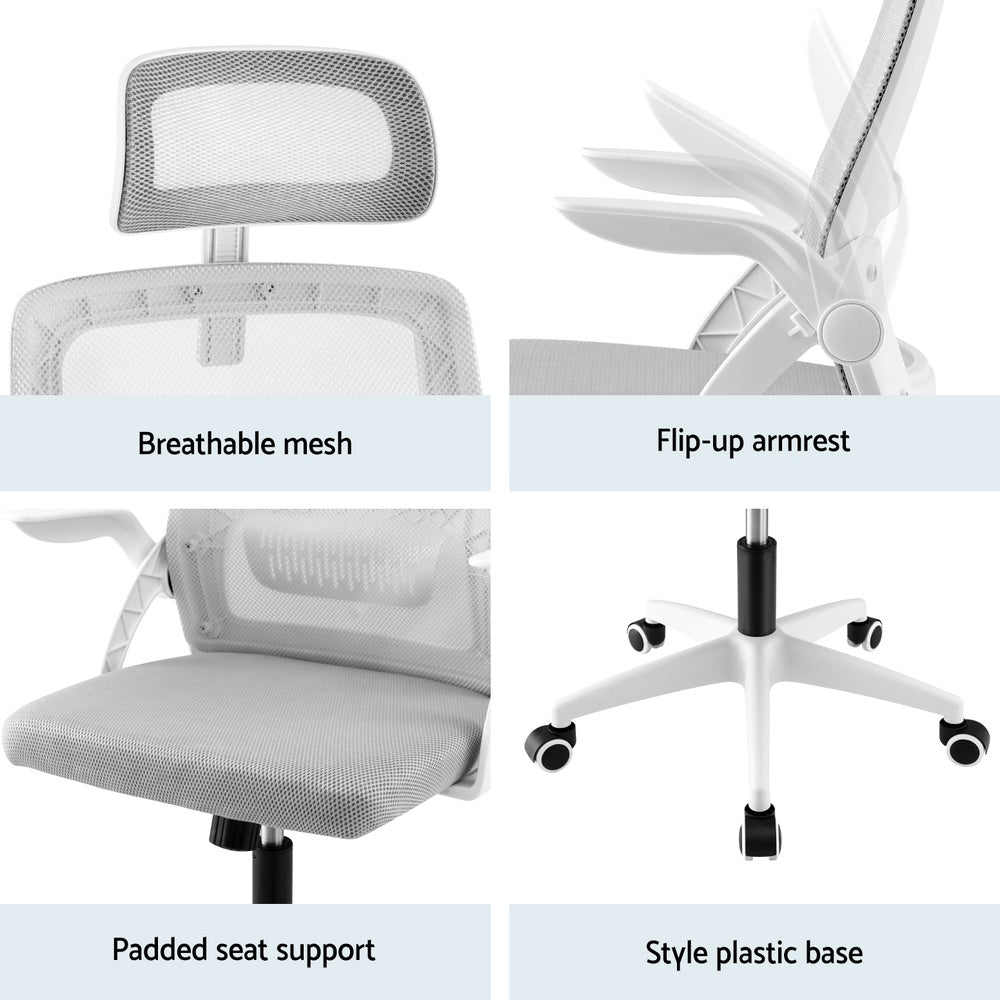 White office chair with breathable mesh back, flip-up armrests, padded seat, and plastic base with casters