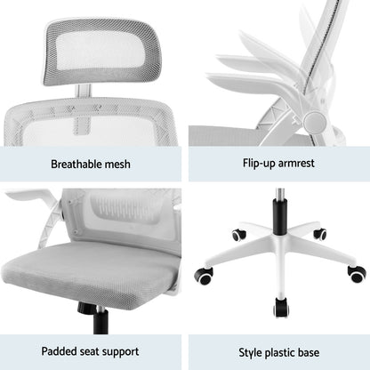 White office chair with breathable mesh back, flip-up armrests, padded seat, and plastic base with casters
