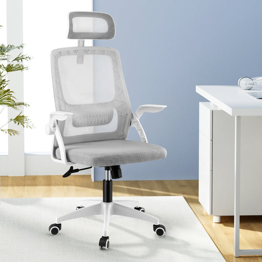 Ergonomic mesh office chair with headrest and adjustable arms for comfortable desk work