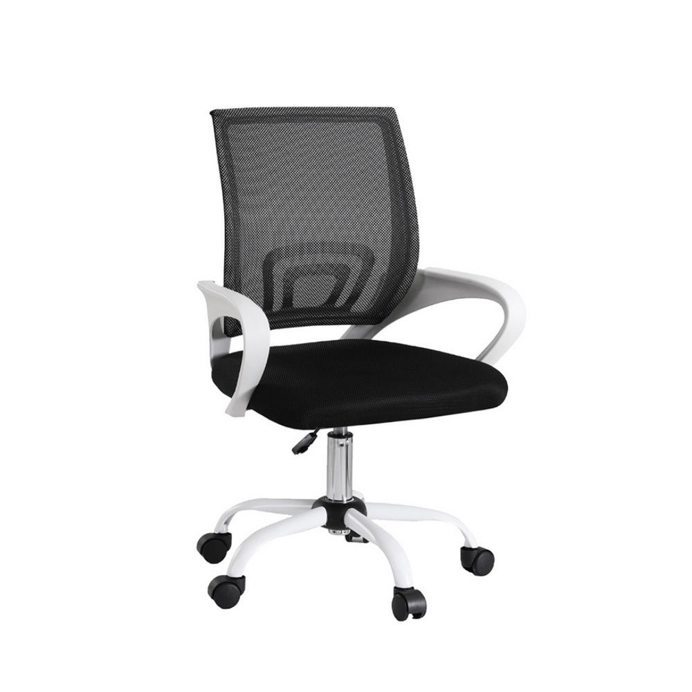 Black mesh office chair with white arms and base, ergonomic design for desk work