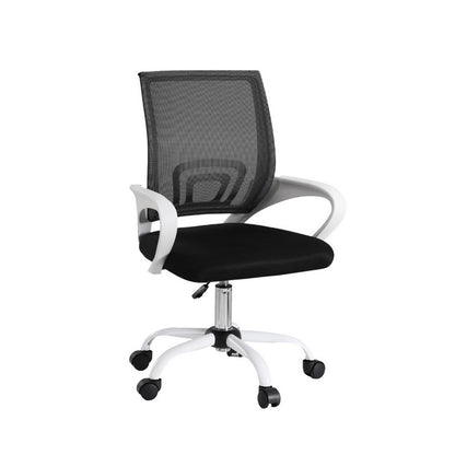 Black mesh office chair with white arms and base, ergonomic design for desk work