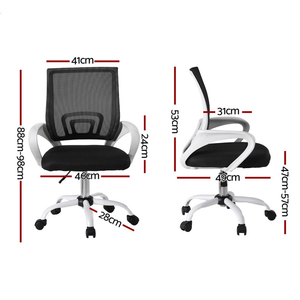 Black mesh office chair with white frame, dimensions shown, ergonomic design for desk use