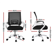 Black mesh office chair with white frame, dimensions shown, ergonomic design for desk use