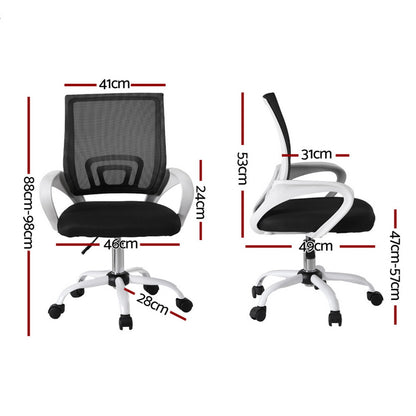 Black mesh office chair with white frame, dimensions shown, ergonomic design for desk use