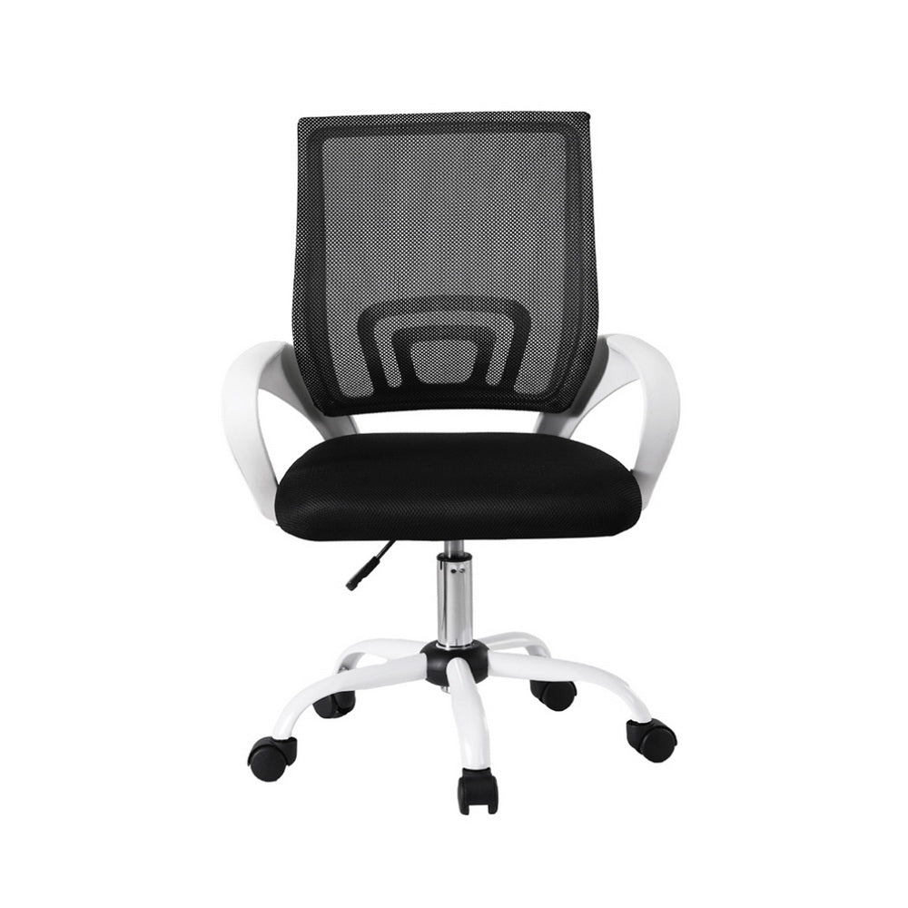 Black mesh office chair with white arms and base, ergonomic design for desk use