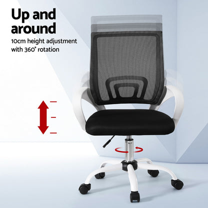 Black mesh office chair with 10cm height adjustment and 360° swivel, white base, ergonomic design