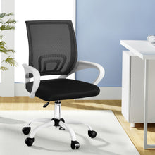 Black mesh office chair with white arms and base, ideal for home or workspace comfort