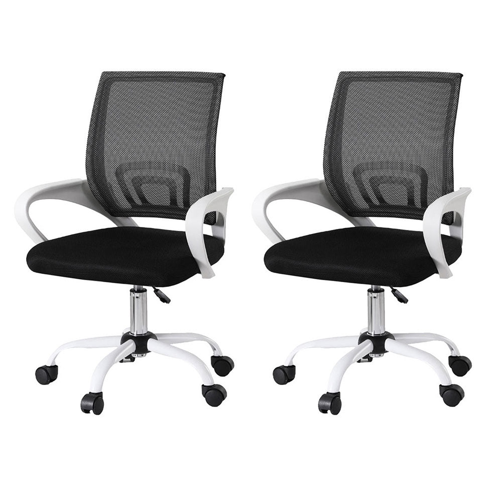 Black mesh office chair with white armrests and base, ergonomic design for home or office use
