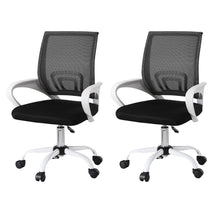 Black mesh office chair with white armrests and base, ergonomic design for home or office use