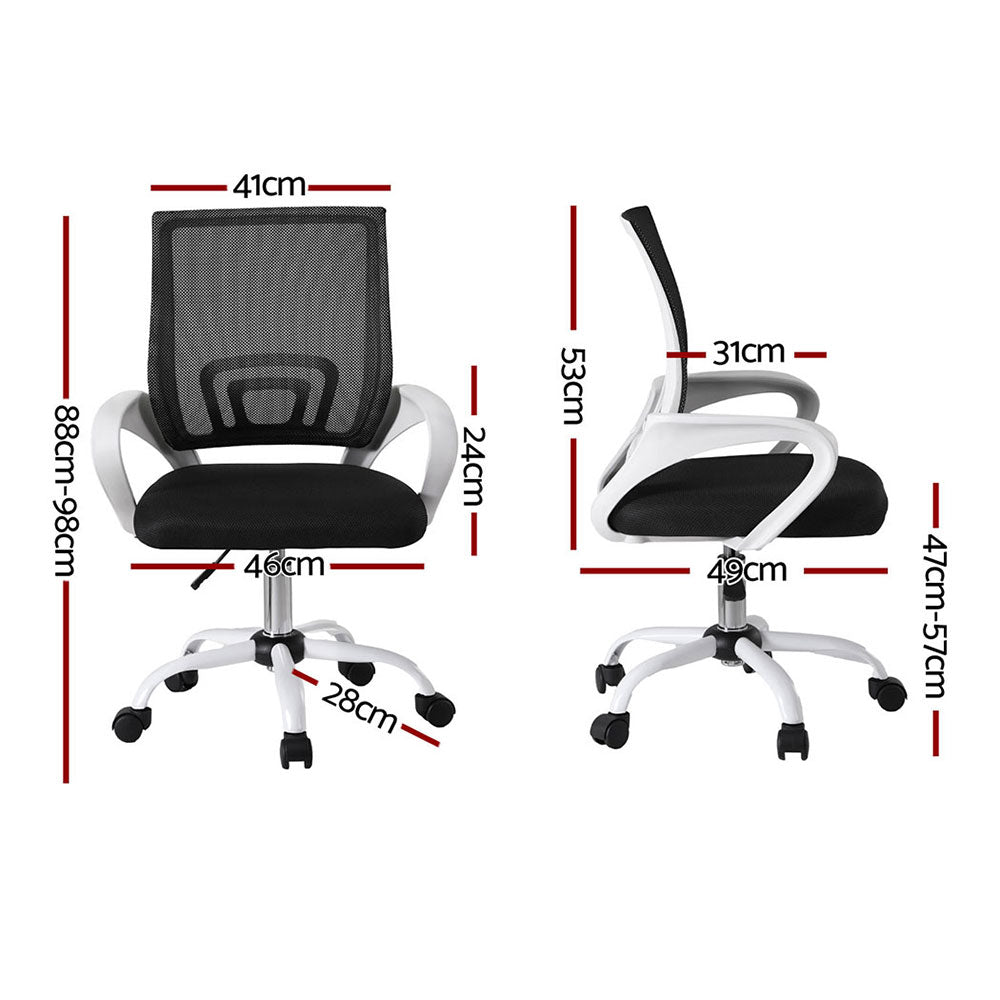 Black mesh office chair with white frame, adjustable height, and dimensions shown for ergonomic desk use.