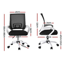 Black mesh office chair with white frame, adjustable height, and dimensions shown for ergonomic desk use.