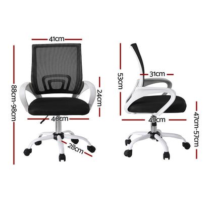 Black mesh office chair with white frame, adjustable height, and dimensions shown for ergonomic desk use.