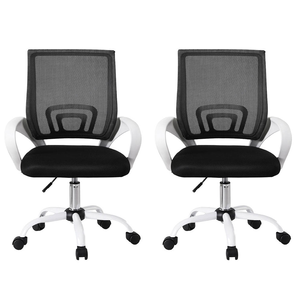 Black mesh office chairs with white arms and casters, ergonomic design for home or workspace