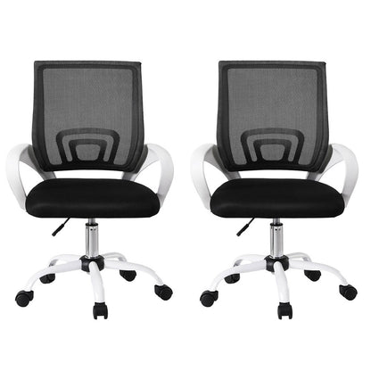 Black mesh office chairs with white arms and casters, ergonomic design for home or workspace