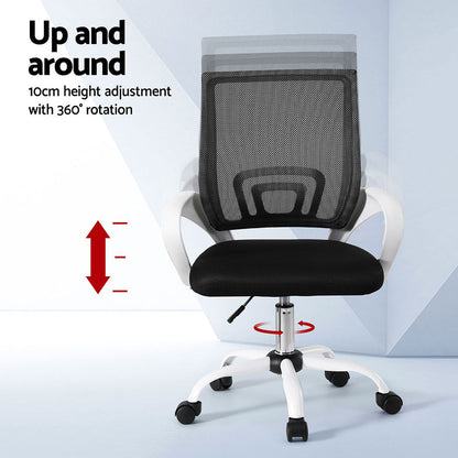 Black mesh office chair with 360° rotation and 10cm height adjustment, white base, ergonomic design