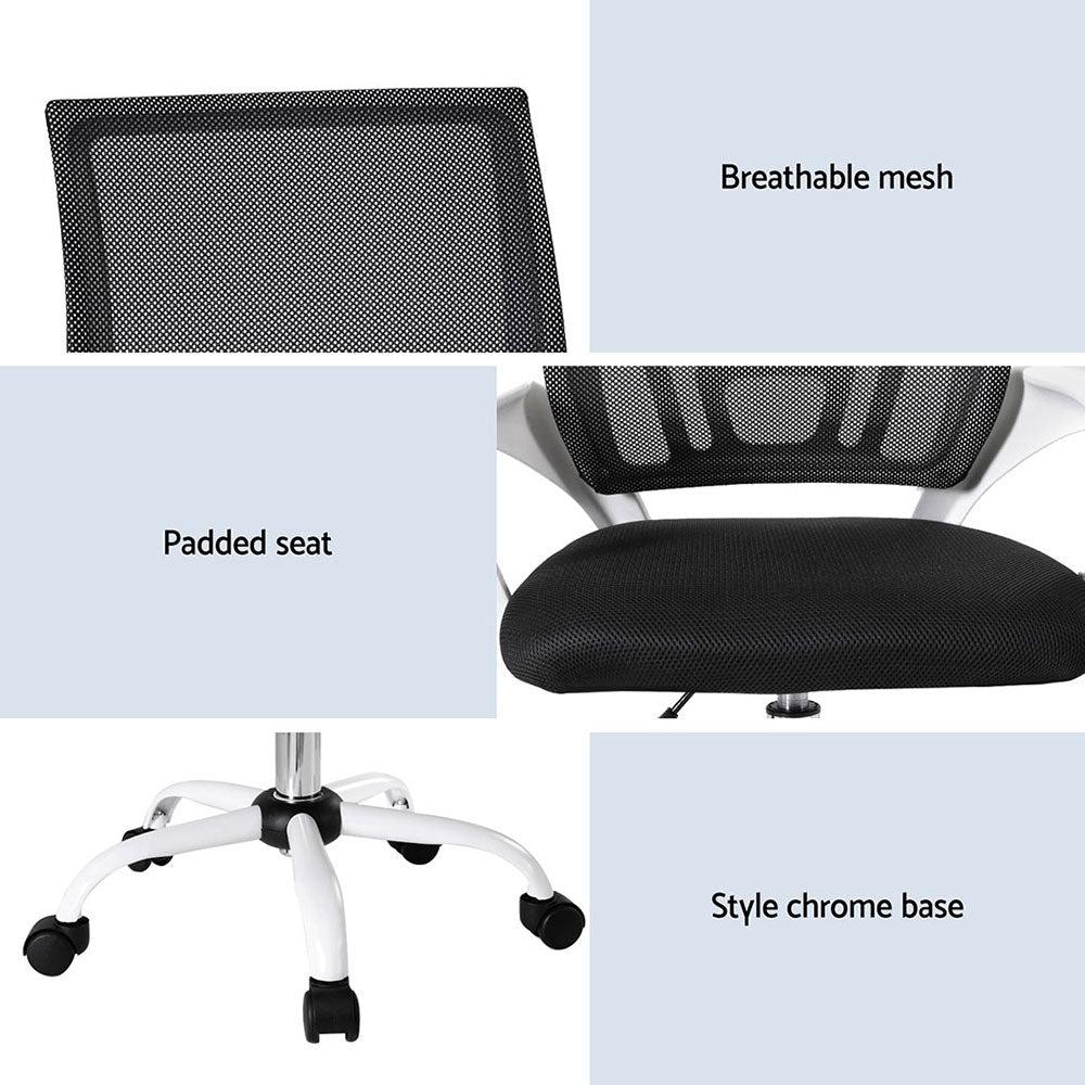 Black mesh office chair with padded seat, breathable back, and chrome base on casters