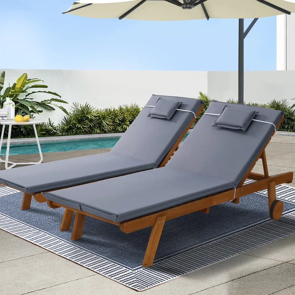 Gardeon 2x Sun Lounge Wooden Lounger Outdoor Furniture Day Bed Wheel Patio Grey - Stacks Warehouse
