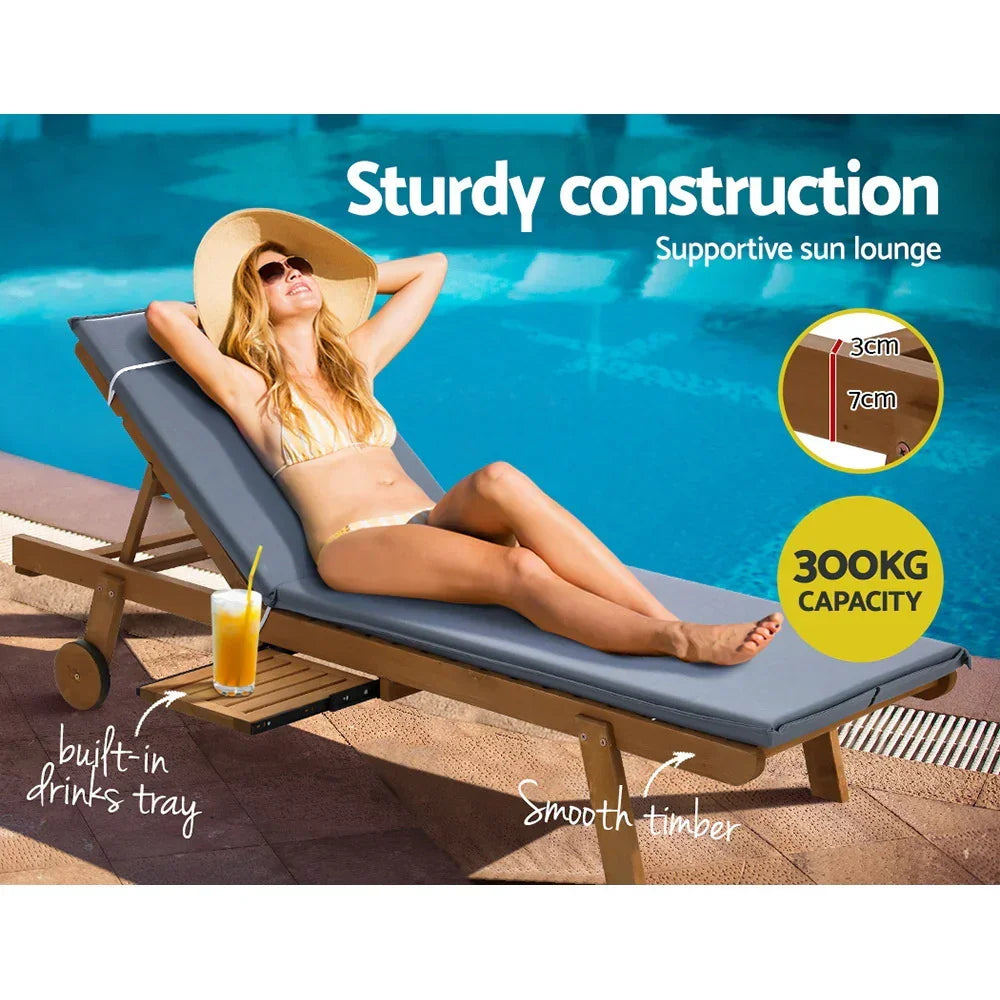 Gardeon 2x Sun Lounge Wooden Lounger Outdoor Furniture Day Bed Wheel Patio Grey - Stacks Warehouse