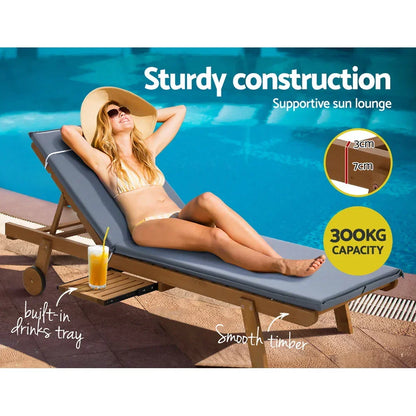 Gardeon 2x Sun Lounge Wooden Lounger Outdoor Furniture Day Bed Wheel Patio Grey - Stacks Warehouse
