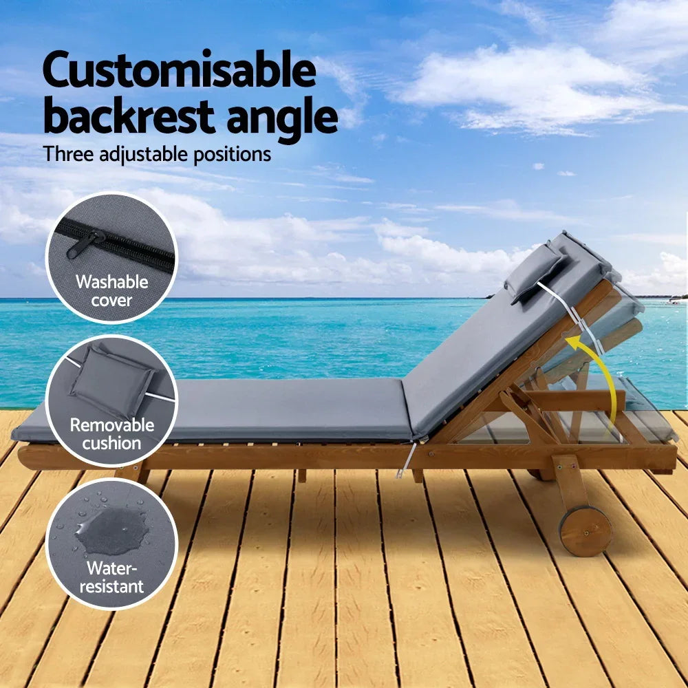 Gardeon 2x Sun Lounge Wooden Lounger Outdoor Furniture Day Bed Wheel Patio Grey - Stacks Warehouse
