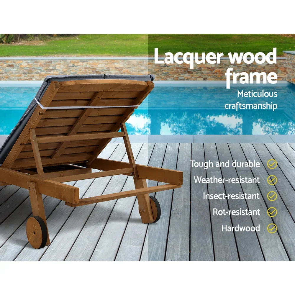 Gardeon 2x Sun Lounge Wooden Lounger Outdoor Furniture Day Bed Wheel Patio Grey - Stacks Warehouse