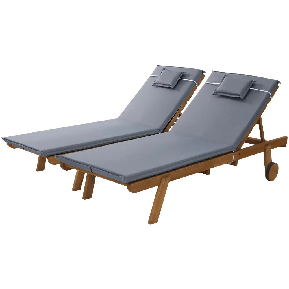 Gardeon 2x Sun Lounge Wooden Lounger Outdoor Furniture Day Bed Wheel Patio Grey - Stacks Warehouse