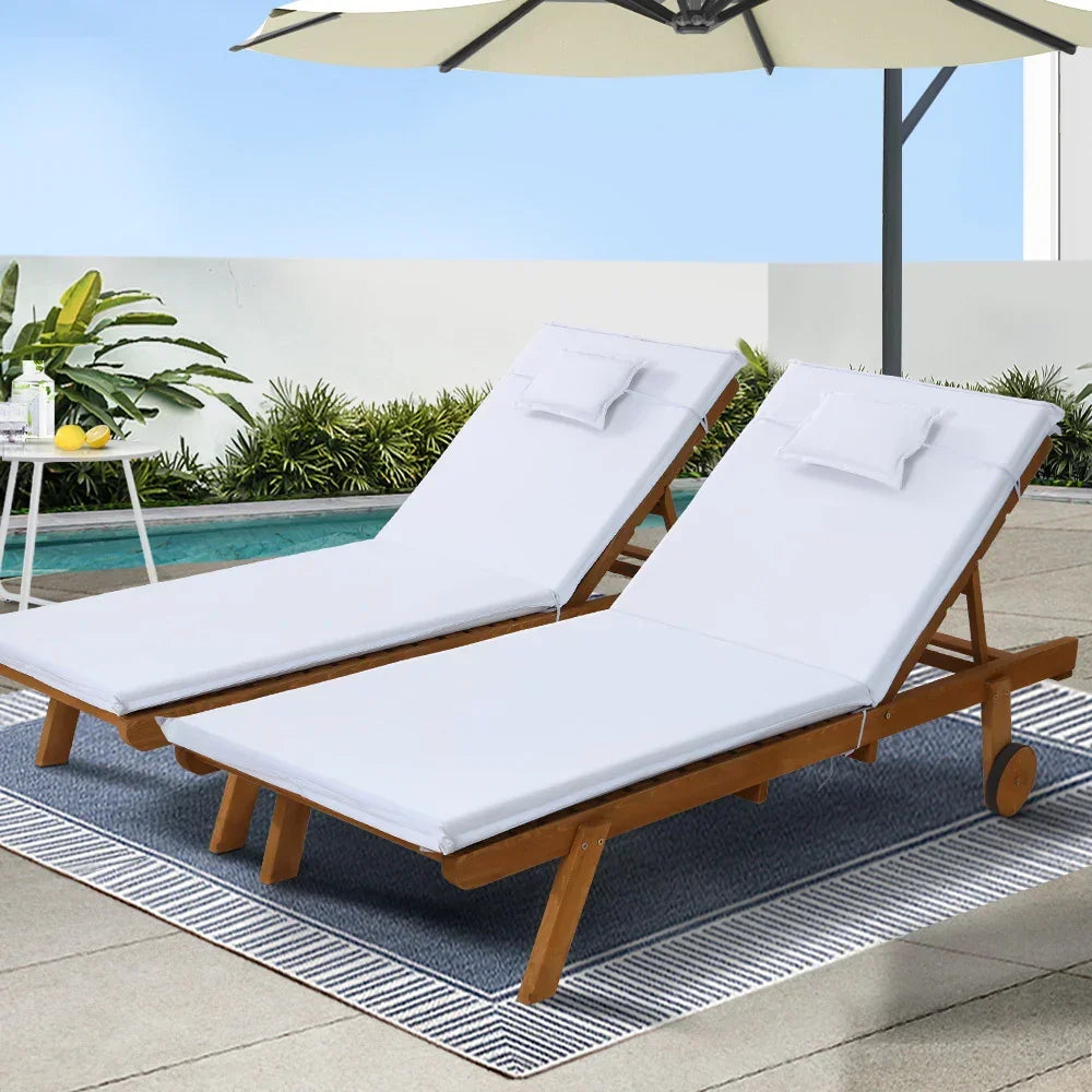 Gardeon 2x Sun Lounge Wooden Lounger Outdoor Furniture Day Bed Wheel Patio White - Stacks Warehouse