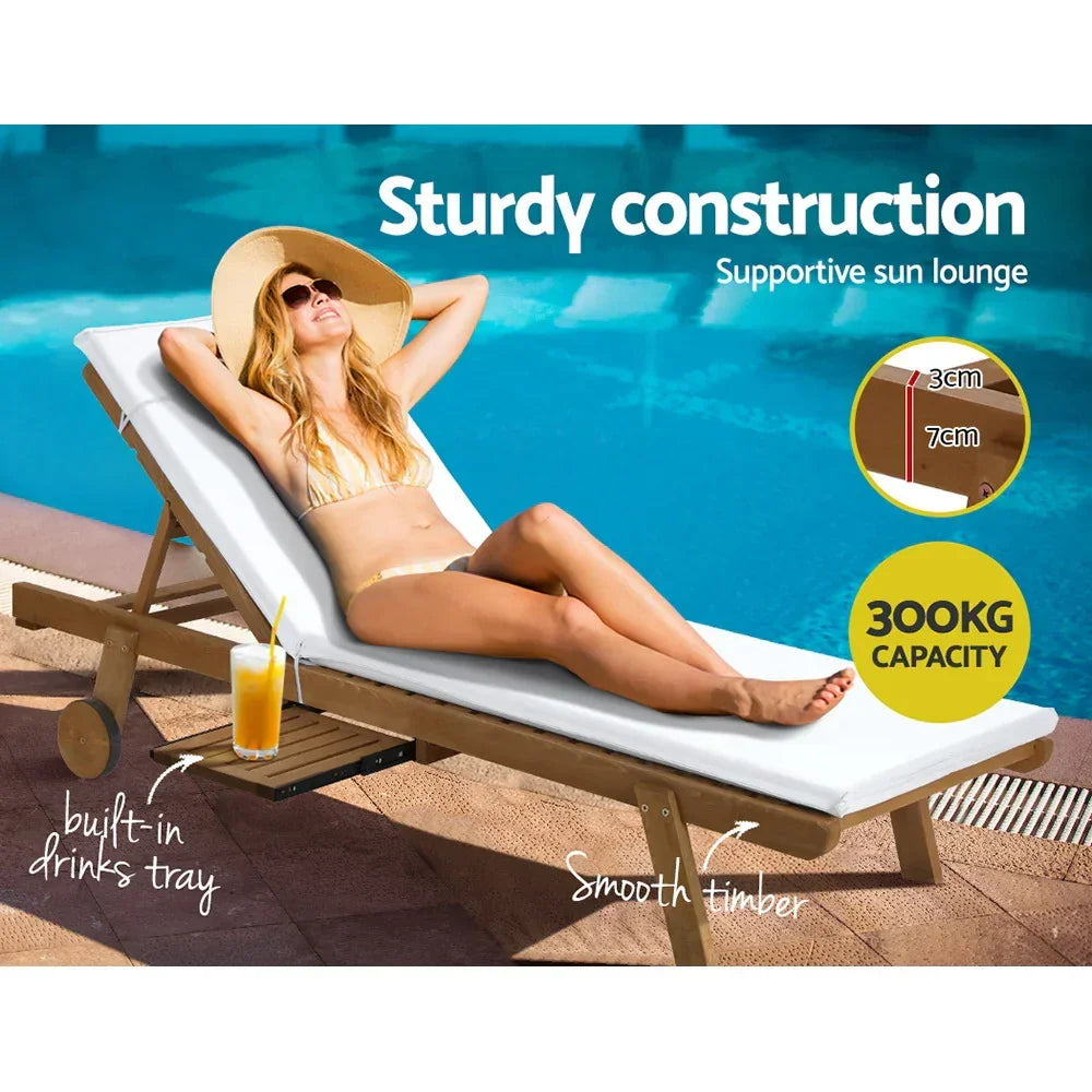 Gardeon 2x Sun Lounge Wooden Lounger Outdoor Furniture Day Bed Wheel Patio White - Stacks Warehouse