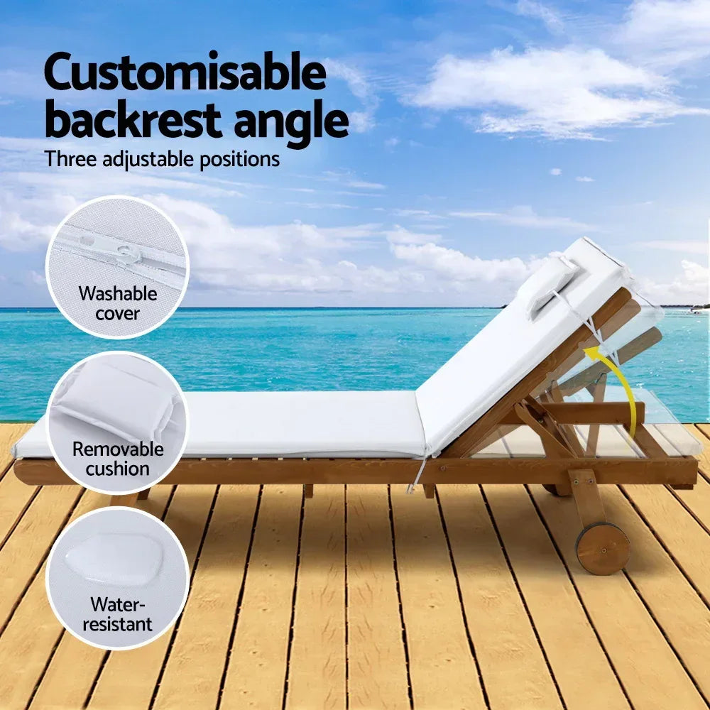 Gardeon 2x Sun Lounge Wooden Lounger Outdoor Furniture Day Bed Wheel Patio White - Stacks Warehouse
