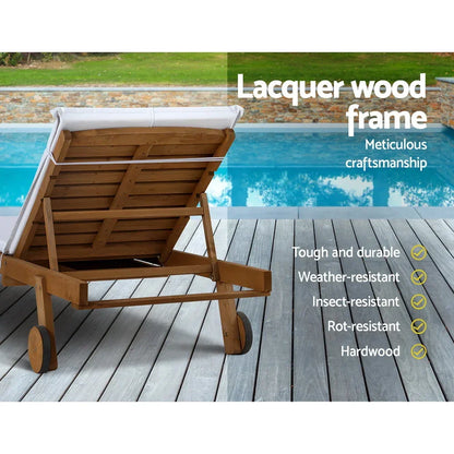 Gardeon 2x Sun Lounge Wooden Lounger Outdoor Furniture Day Bed Wheel Patio White - Stacks Warehouse