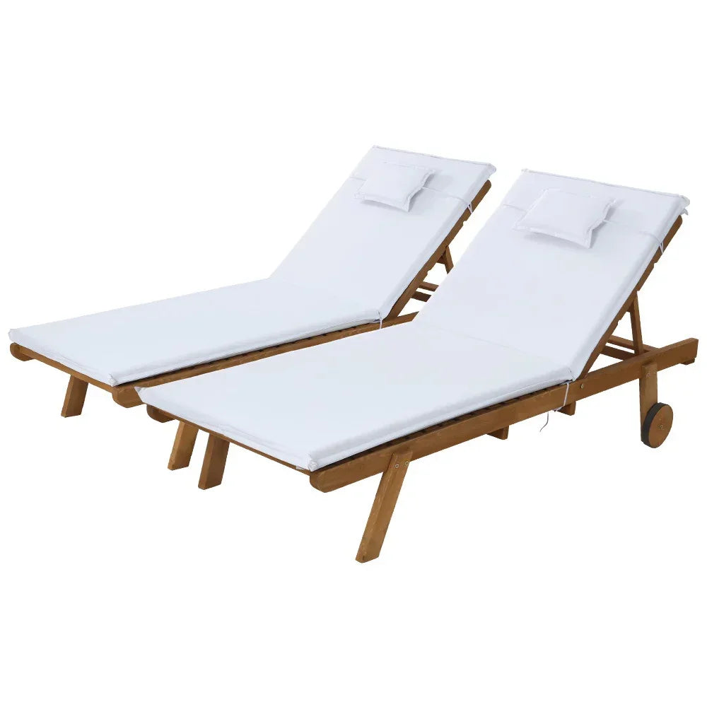 Gardeon 2x Sun Lounge Wooden Lounger Outdoor Furniture Day Bed Wheel Patio White - Stacks Warehouse