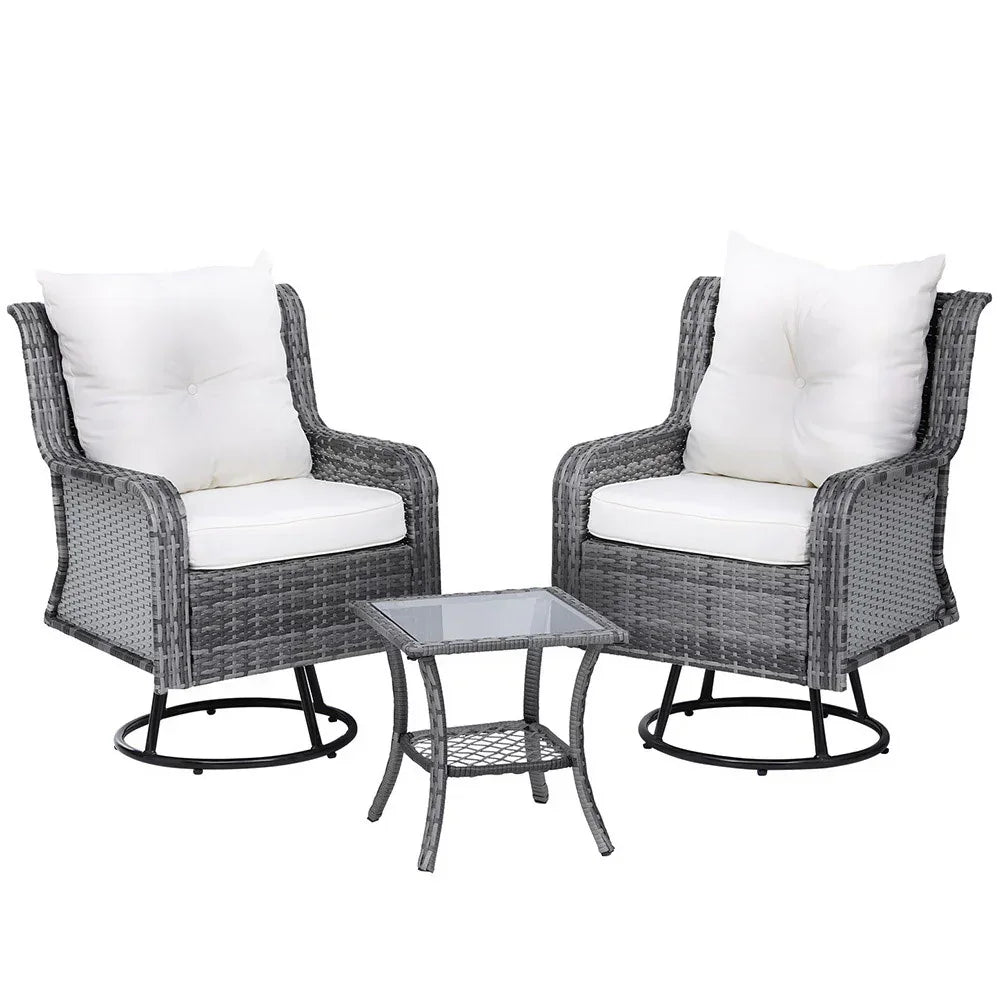 Gardeon 3PC Outdoor Furniture Bistro Set Lounge Wicker Swivel Chairs Table Cushion Grey - Stacks Warehouse