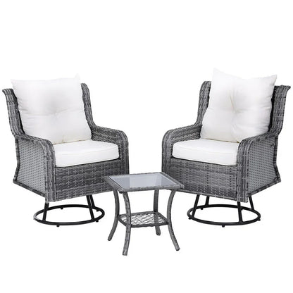 Gardeon 3PC Outdoor Furniture Bistro Set Lounge Wicker Swivel Chairs Table Cushion Grey - Stacks Warehouse
