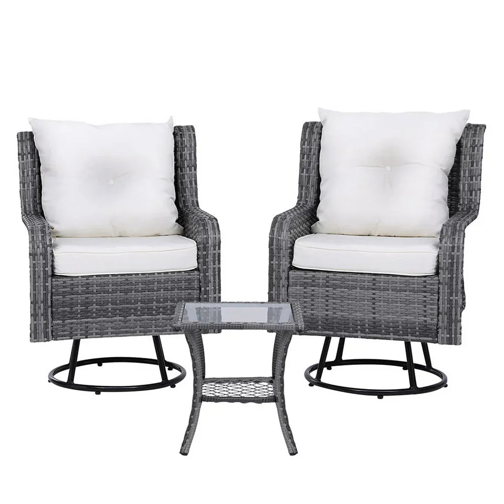 Gardeon 3PC Outdoor Furniture Bistro Set Lounge Wicker Swivel Chairs Table Cushion Grey - Stacks Warehouse