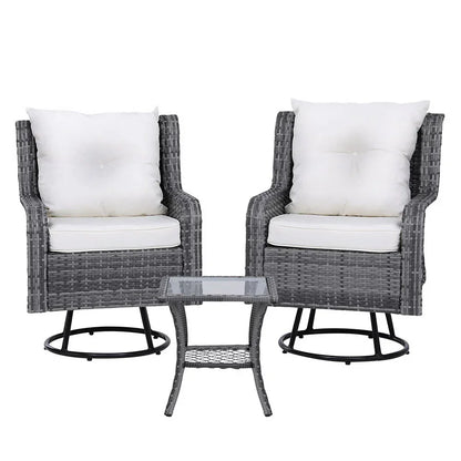Gardeon 3PC Outdoor Furniture Bistro Set Lounge Wicker Swivel Chairs Table Cushion Grey - Stacks Warehouse