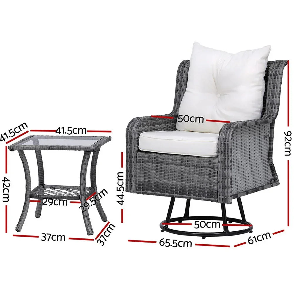 Gardeon 3PC Outdoor Furniture Bistro Set Lounge Wicker Swivel Chairs Table Cushion Grey - Stacks Warehouse