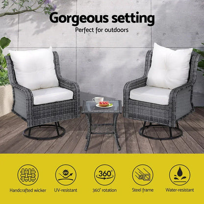 Gardeon 3PC Outdoor Furniture Bistro Set Lounge Wicker Swivel Chairs Table Cushion Grey - Stacks Warehouse