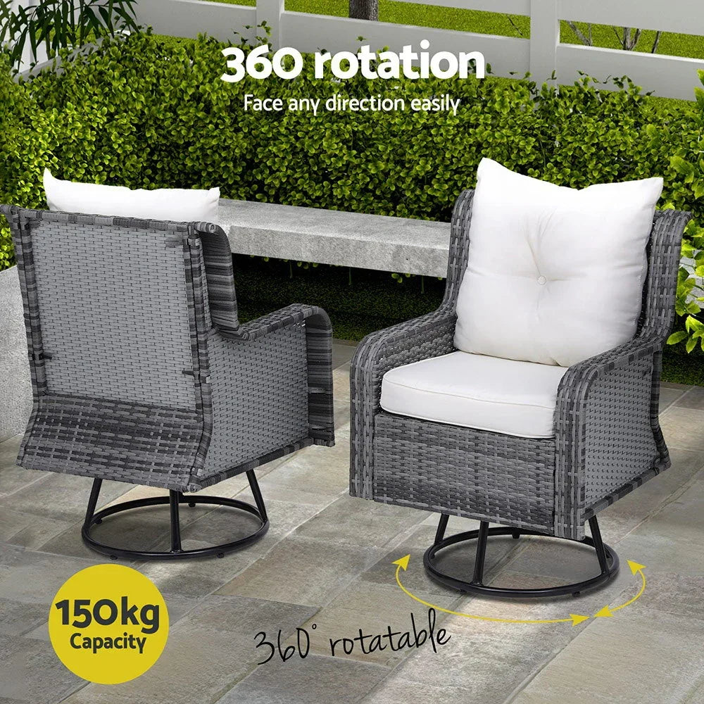 Gardeon 3PC Outdoor Furniture Bistro Set Lounge Wicker Swivel Chairs Table Cushion Grey - Stacks Warehouse
