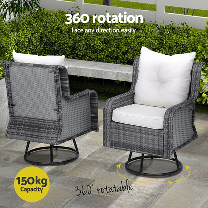 Gardeon 3PC Outdoor Furniture Bistro Set Lounge Wicker Swivel Chairs Table Cushion Grey - Stacks Warehouse