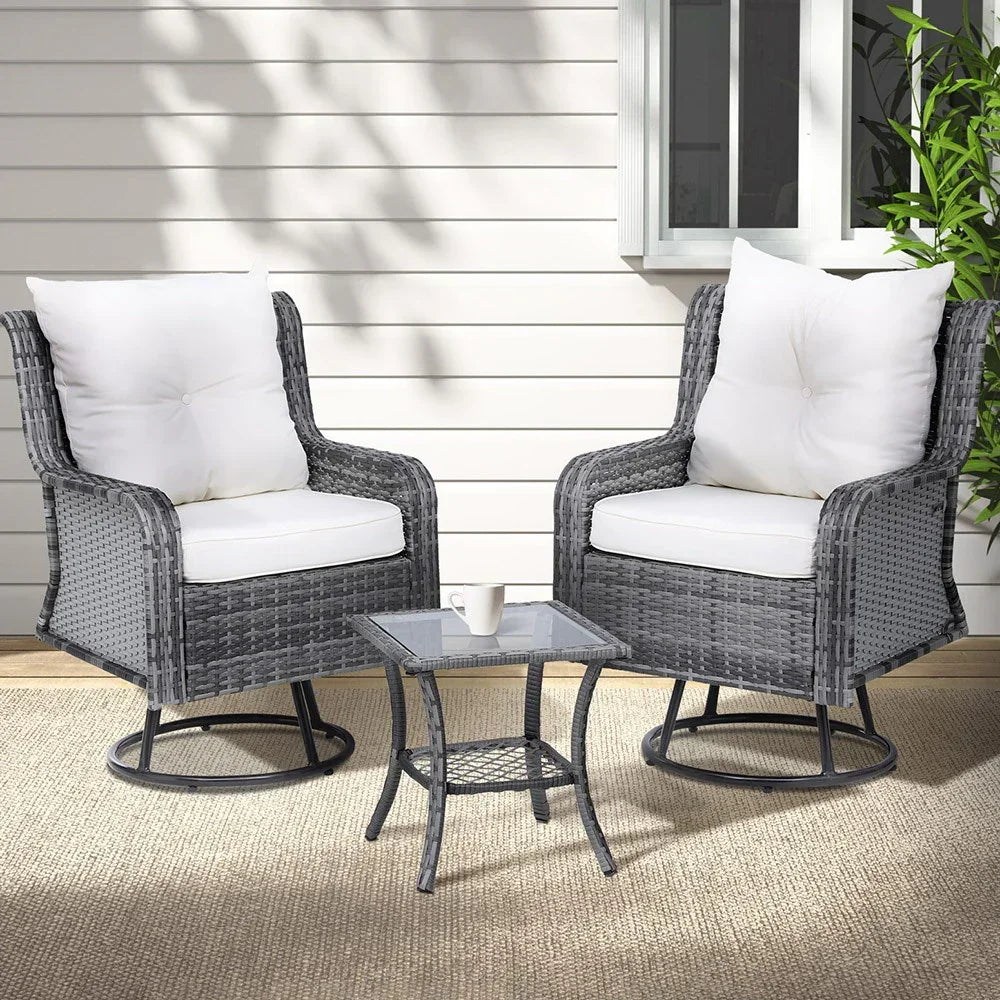 Gardeon 3PC Outdoor Furniture Bistro Set Lounge Wicker Swivel Chairs Table Cushion Grey - Stacks Warehouse