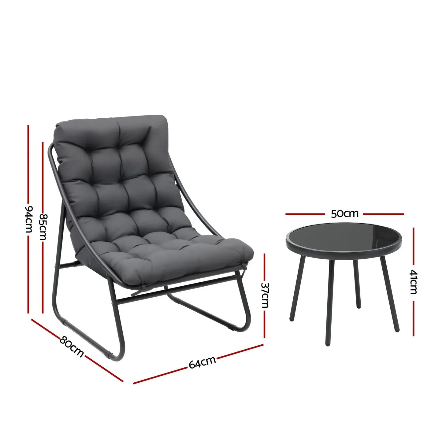 Grey cushioned lounge chair and round black side table set with measurements, Flea Market AU