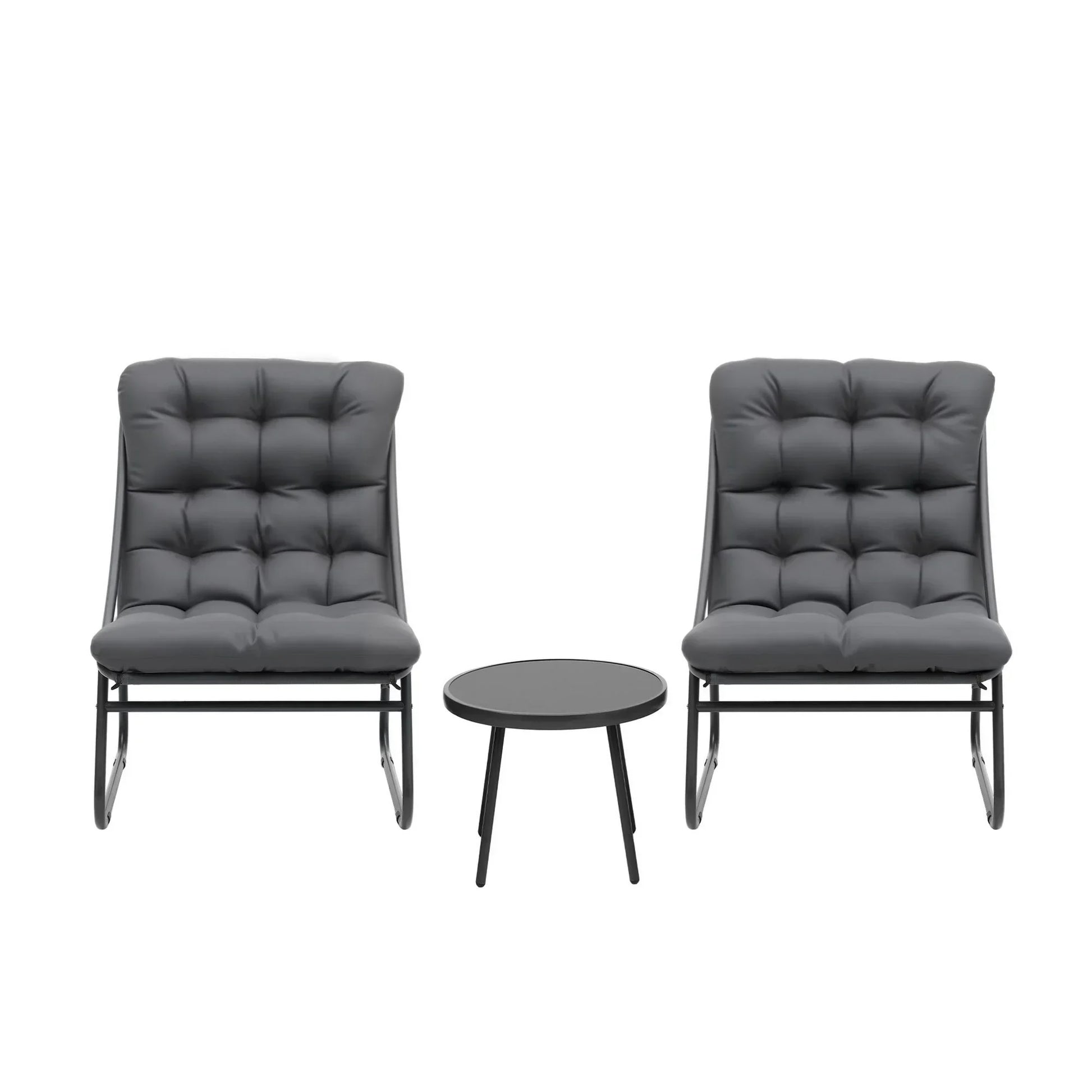 Modern outdoor bistro set with two grey cushioned chairs and round table, Flea Market AU