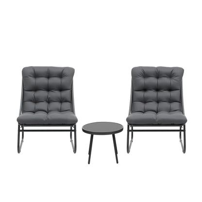 Modern outdoor bistro set with two grey cushioned chairs and round table, Flea Market AU